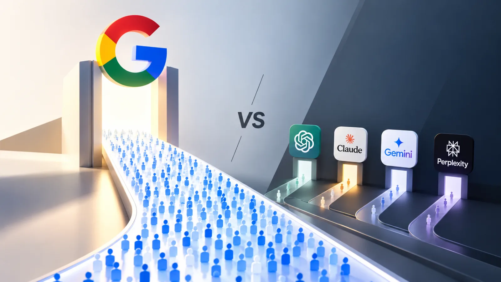 Google kontra narzędzia AI: szeroki strumień użytkowników przechodzący przez bramę Google i pojedyncze osoby wchodzące przez ChatGPT, Claude, Gemini i Perplexity